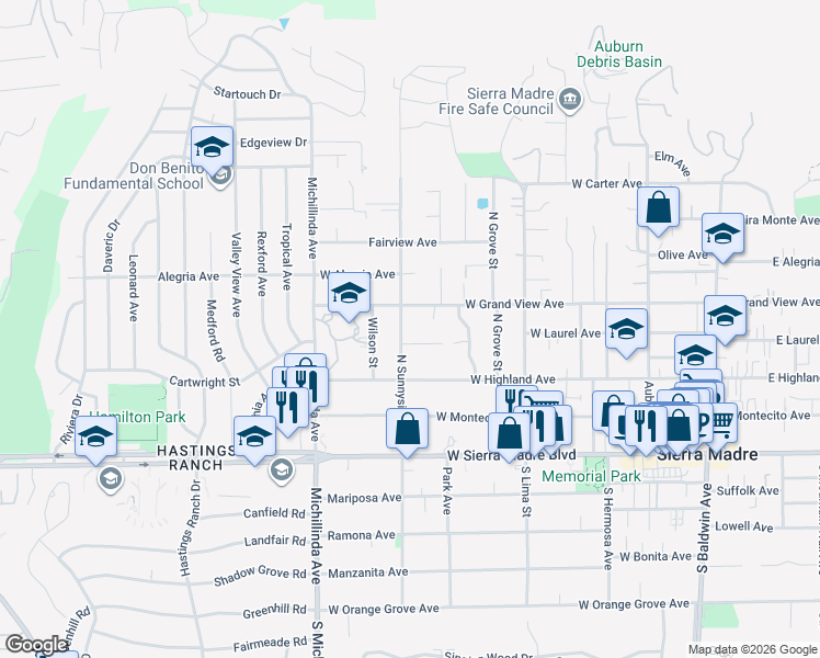 map of restaurants, bars, coffee shops, grocery stores, and more near 230 North Sunnyside Avenue in Sierra Madre