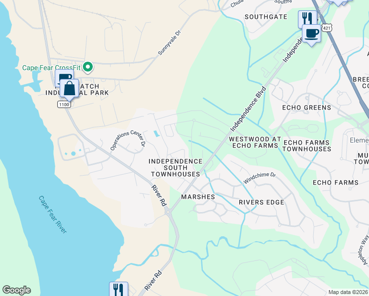 map of restaurants, bars, coffee shops, grocery stores, and more near 304 Hibiscus Way in Wilmington