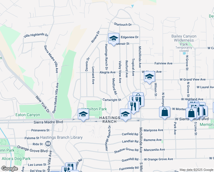 map of restaurants, bars, coffee shops, grocery stores, and more near 1145 Hastings Ranch Drive in Pasadena