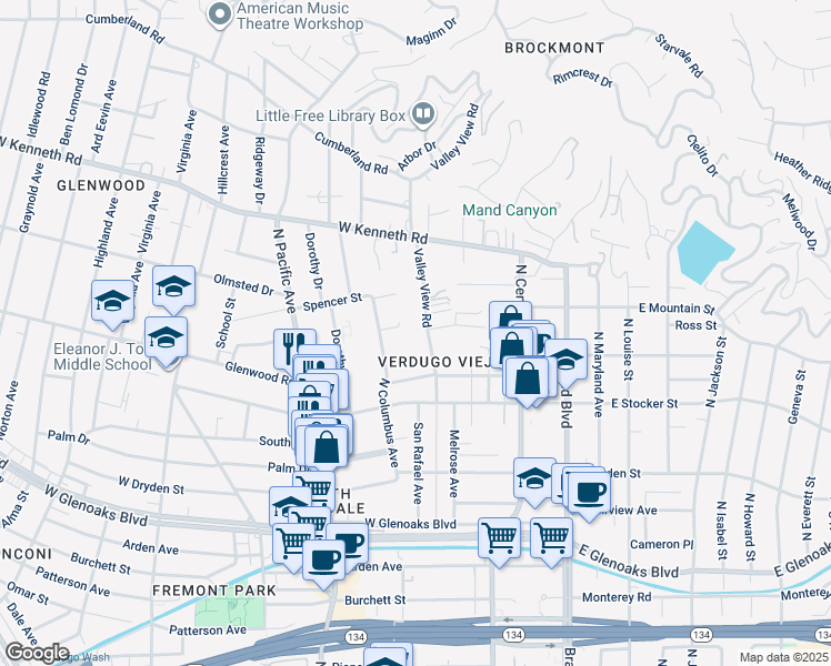 map of restaurants, bars, coffee shops, grocery stores, and more near 1325 Valley View Road in Glendale