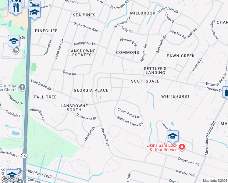 map of restaurants, bars, coffee shops, grocery stores, and more near 4220 Crockette Road in Wilmington