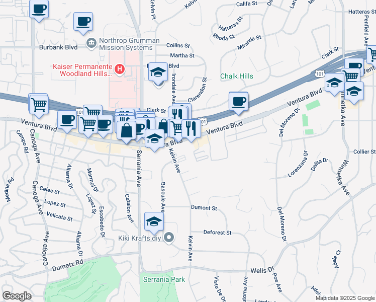 map of restaurants, bars, coffee shops, grocery stores, and more near 20720 Ventura Boulevard in Los Angeles