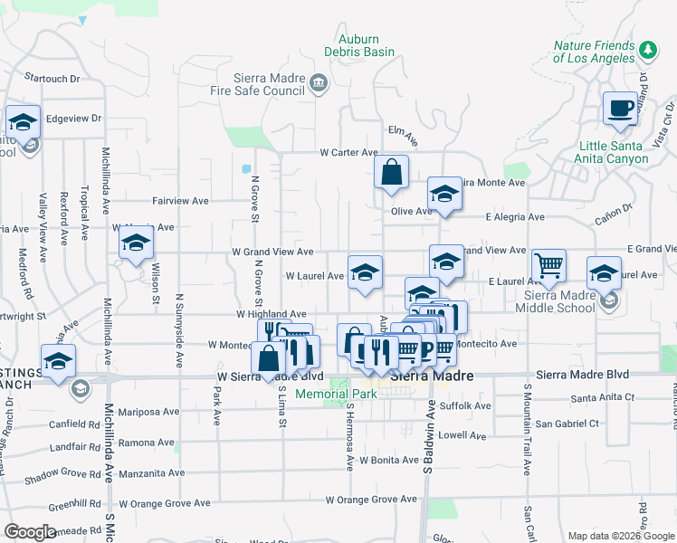 map of restaurants, bars, coffee shops, grocery stores, and more near 209 West Laurel Avenue in Sierra Madre