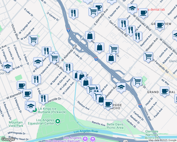 map of restaurants, bars, coffee shops, grocery stores, and more near 425 Allen Avenue in Glendale