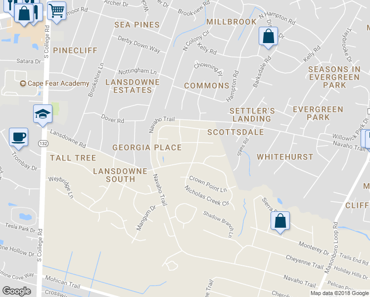 map of restaurants, bars, coffee shops, grocery stores, and more near 4219 Crockette Road in Wilmington