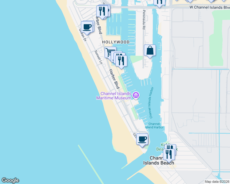 map of restaurants, bars, coffee shops, grocery stores, and more near 3550 Sunset Lane in Oxnard