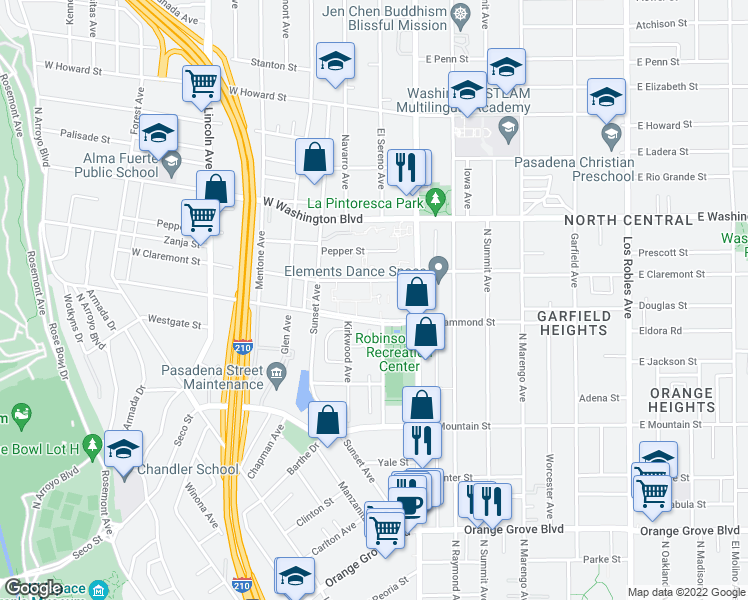 map of restaurants, bars, coffee shops, grocery stores, and more near 1141 North Fair Oaks Avenue in Pasadena