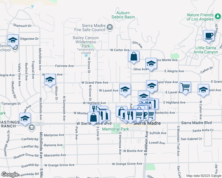 map of restaurants, bars, coffee shops, grocery stores, and more near 245 West Laurel Avenue in Sierra Madre