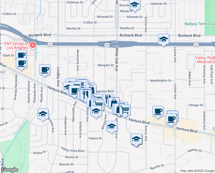 map of restaurants, bars, coffee shops, grocery stores, and more near 5216 Yarmouth Avenue in Los Angeles