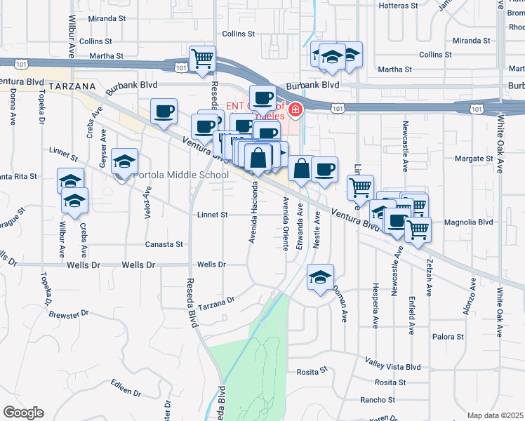 map of restaurants, bars, coffee shops, grocery stores, and more near 18339 Linnet Street in Los Angeles