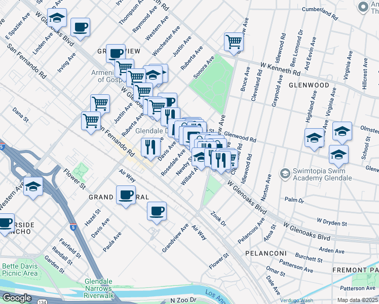 map of restaurants, bars, coffee shops, grocery stores, and more near 1250 West Glenoaks Boulevard in Glendale