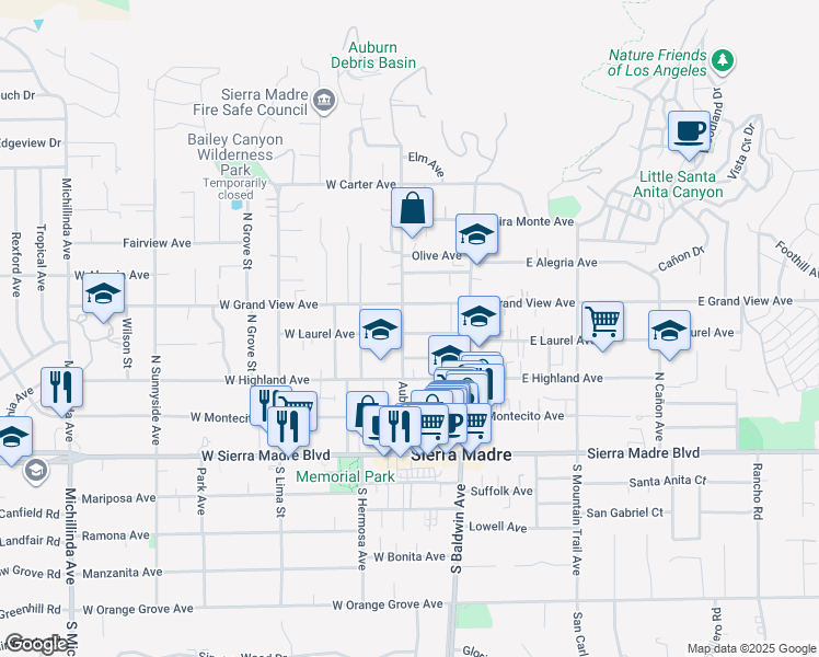 map of restaurants, bars, coffee shops, grocery stores, and more near 95 West Laurel Avenue in Sierra Madre