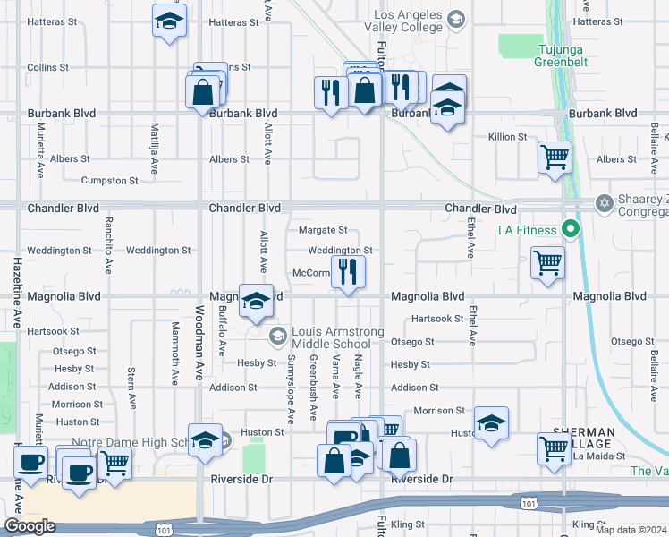 map of restaurants, bars, coffee shops, grocery stores, and more near 13405 McCormick Street in Los Angeles