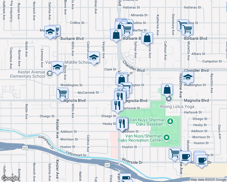 map of restaurants, bars, coffee shops, grocery stores, and more near 5239 Van Nuys Boulevard in Los Angeles