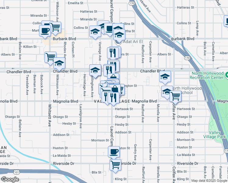 map of restaurants, bars, coffee shops, grocery stores, and more near in Los Angeles