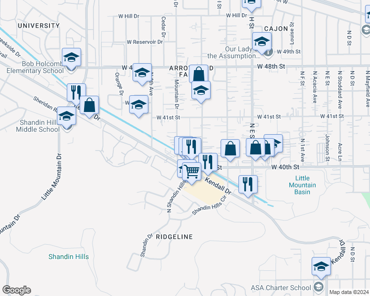 map of restaurants, bars, coffee shops, grocery stores, and more near 4015 Mountain Drive in San Bernardino