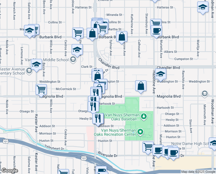map of restaurants, bars, coffee shops, grocery stores, and more near 5235 Sylmar Avenue in Los Angeles