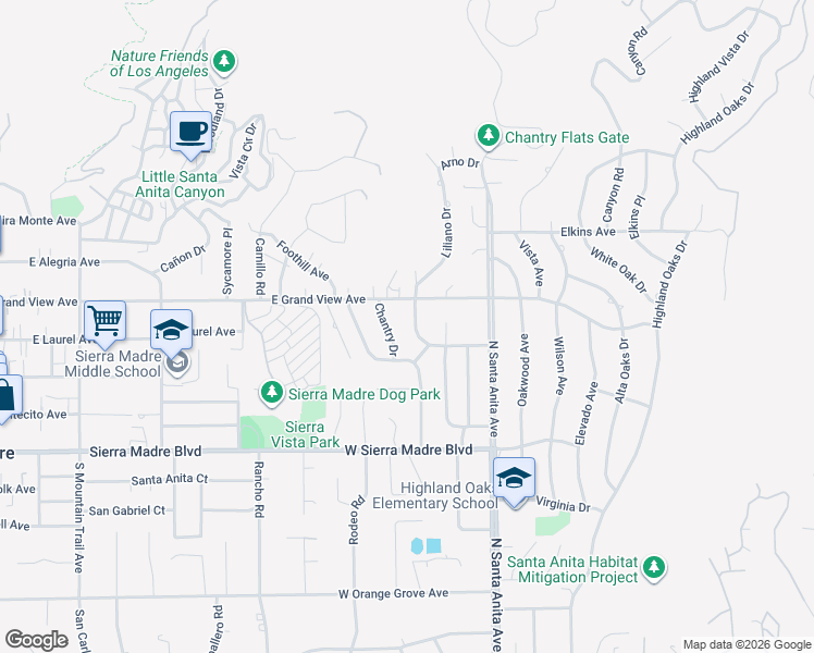 map of restaurants, bars, coffee shops, grocery stores, and more near 1825 Stonehouse Road in Arcadia