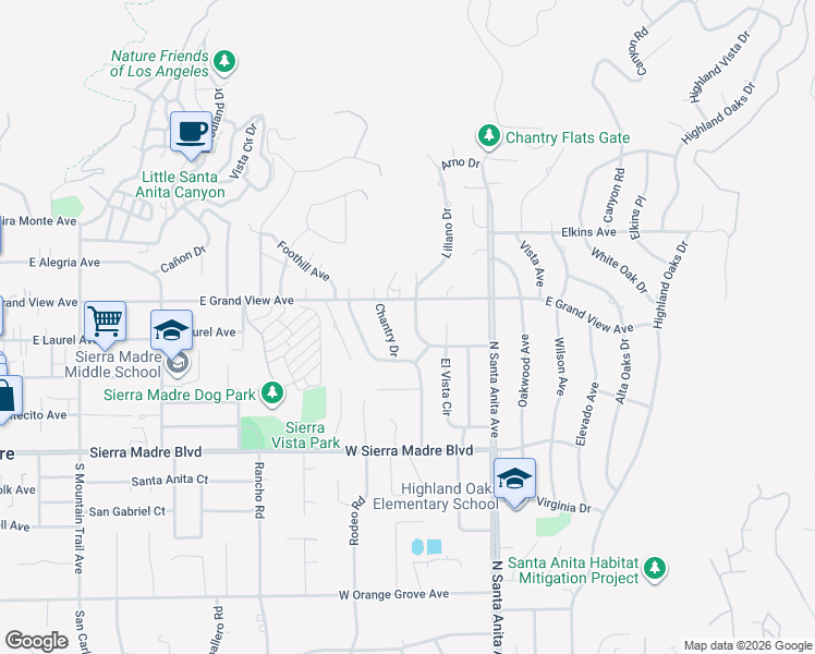 map of restaurants, bars, coffee shops, grocery stores, and more near 1837 Stonehouse Road in Arcadia
