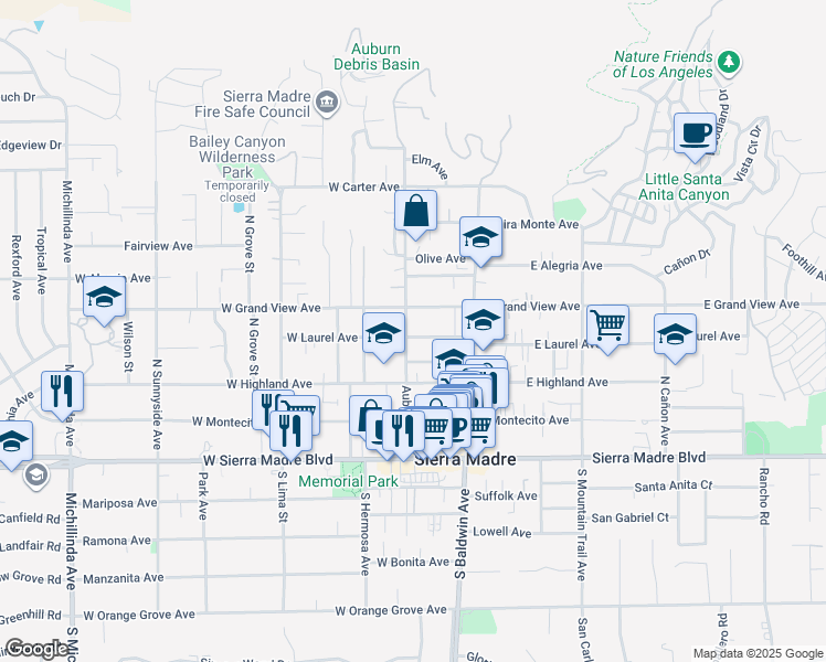 map of restaurants, bars, coffee shops, grocery stores, and more near 95 West Laurel Avenue in Sierra Madre