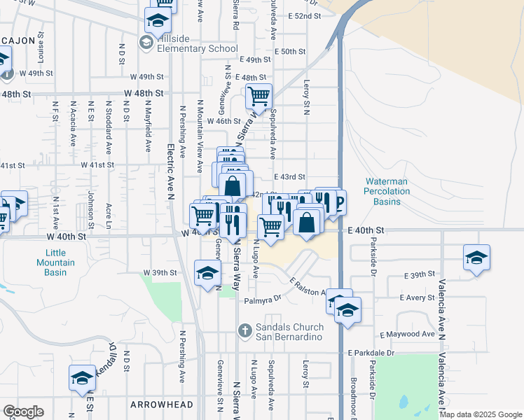 map of restaurants, bars, coffee shops, grocery stores, and more near 170 East 40th Street in San Bernardino