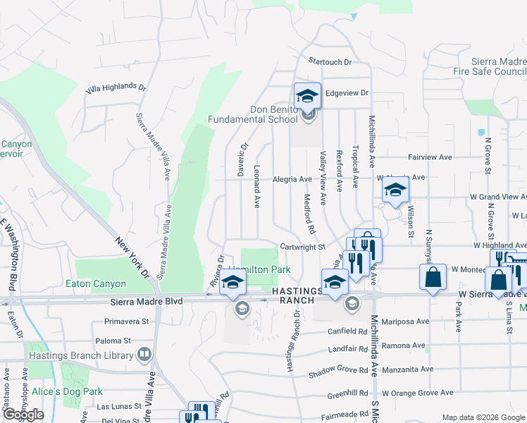 map of restaurants, bars, coffee shops, grocery stores, and more near 1115 Leonard Avenue in Pasadena