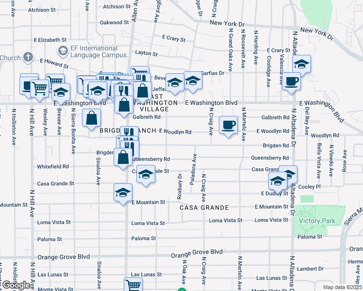 map of restaurants, bars, coffee shops, grocery stores, and more near 2038 Brigden Road in Pasadena