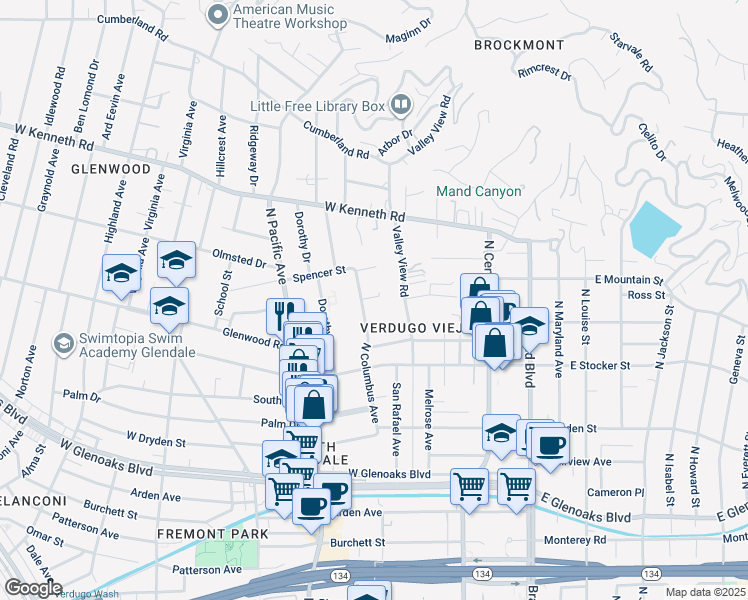 map of restaurants, bars, coffee shops, grocery stores, and more near 1316 North Columbus Avenue in Glendale