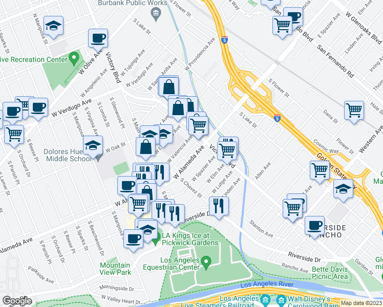map of restaurants, bars, coffee shops, grocery stores, and more near 353 West Alameda Avenue in Burbank