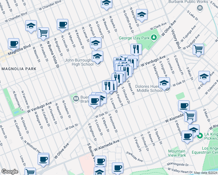 map of restaurants, bars, coffee shops, grocery stores, and more near 119 North Lamer Street in Burbank