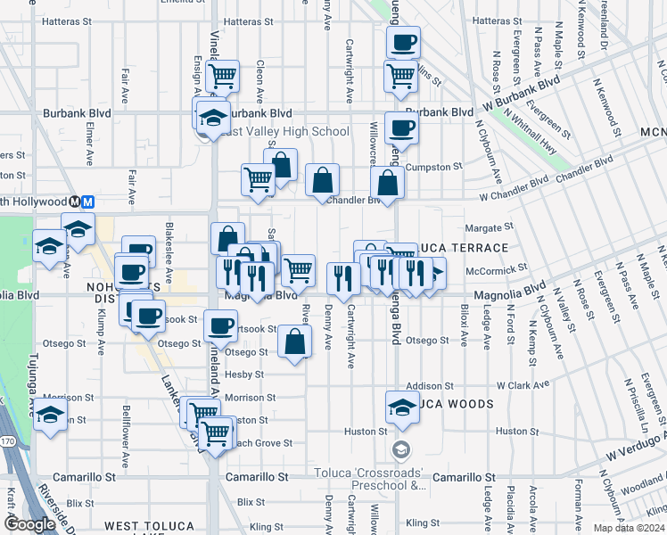 map of restaurants, bars, coffee shops, grocery stores, and more near 5240 Riverton Avenue in Los Angeles