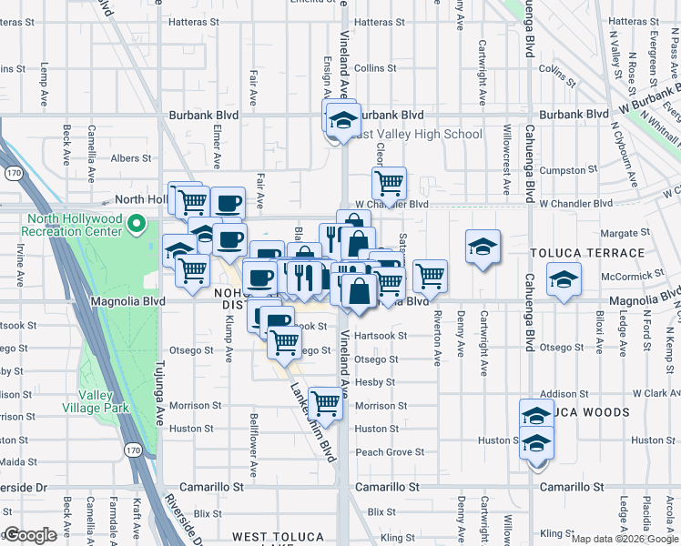 map of restaurants, bars, coffee shops, grocery stores, and more near in Los Angeles