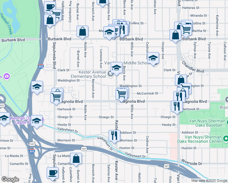 map of restaurants, bars, coffee shops, grocery stores, and more near 5222 Saloma Avenue in Los Angeles