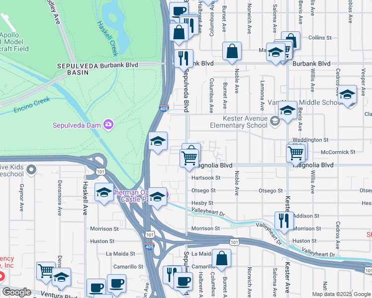 map of restaurants, bars, coffee shops, grocery stores, and more near 15235 West Magnolia Boulevard in Los Angeles