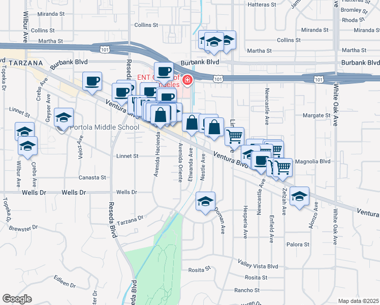 map of restaurants, bars, coffee shops, grocery stores, and more near 5176 Avenida Oriente in Los Angeles