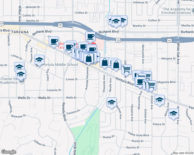 map of restaurants, bars, coffee shops, grocery stores, and more near 5176 Avenida Oriente in Los Angeles