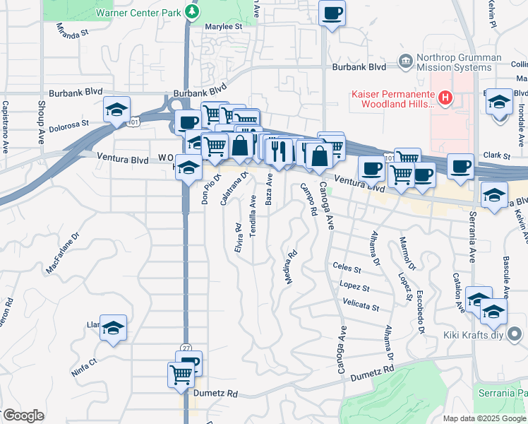 map of restaurants, bars, coffee shops, grocery stores, and more near 5262 Baza Avenue in Los Angeles
