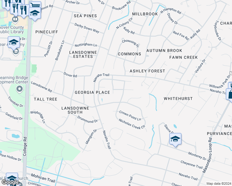 map of restaurants, bars, coffee shops, grocery stores, and more near 4220 Crockette Road in Wilmington