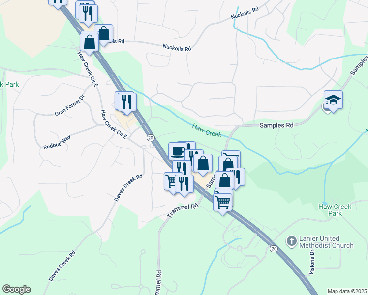 map of restaurants, bars, coffee shops, grocery stores, and more near 4242 Lanier Ridge Walk in Cumming