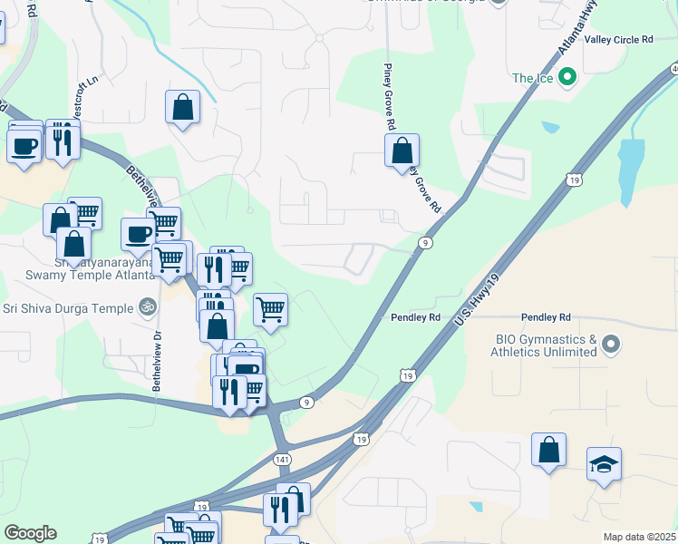 map of restaurants, bars, coffee shops, grocery stores, and more near 2305 Keenland Court in Cumming