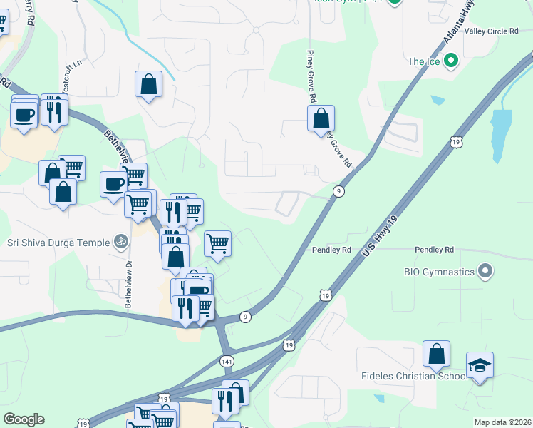 map of restaurants, bars, coffee shops, grocery stores, and more near 2335 Keenland Court in Cumming