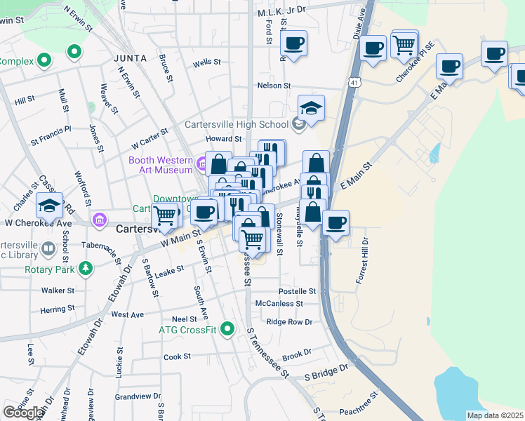 map of restaurants, bars, coffee shops, grocery stores, and more near 109 Stonewall Street in Cartersville