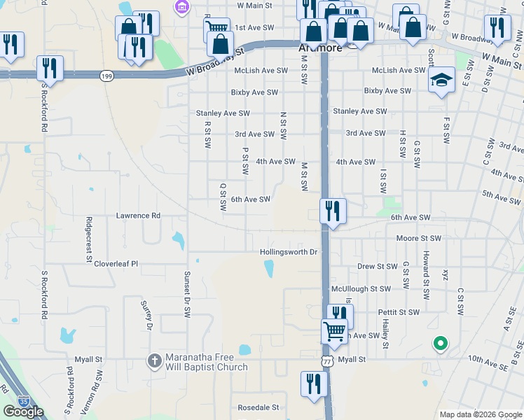map of restaurants, bars, coffee shops, grocery stores, and more near 1518 7th Avenue Southwest in Ardmore