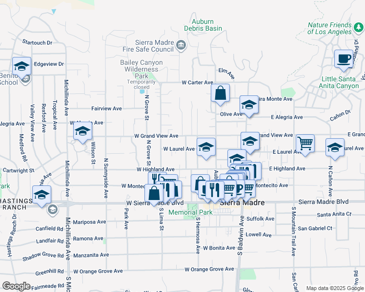 map of restaurants, bars, coffee shops, grocery stores, and more near 245 West Laurel Avenue in Sierra Madre