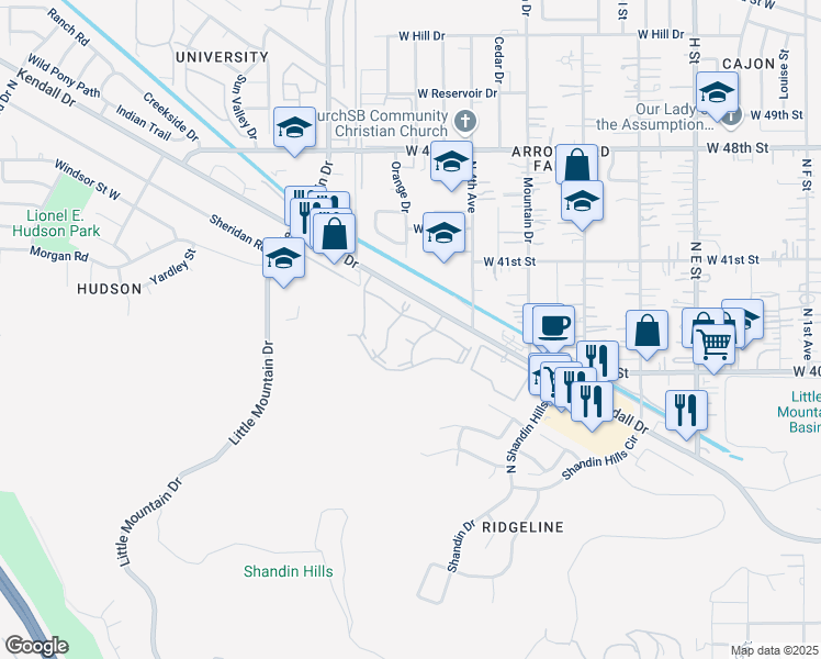 map of restaurants, bars, coffee shops, grocery stores, and more near 1265 Kendall Drive in San Bernardino