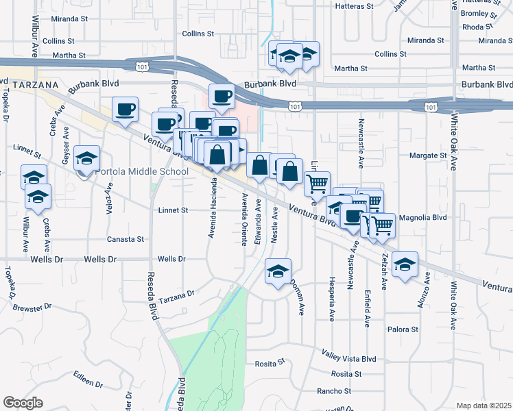 map of restaurants, bars, coffee shops, grocery stores, and more near 5176 Avenida Oriente in Los Angeles