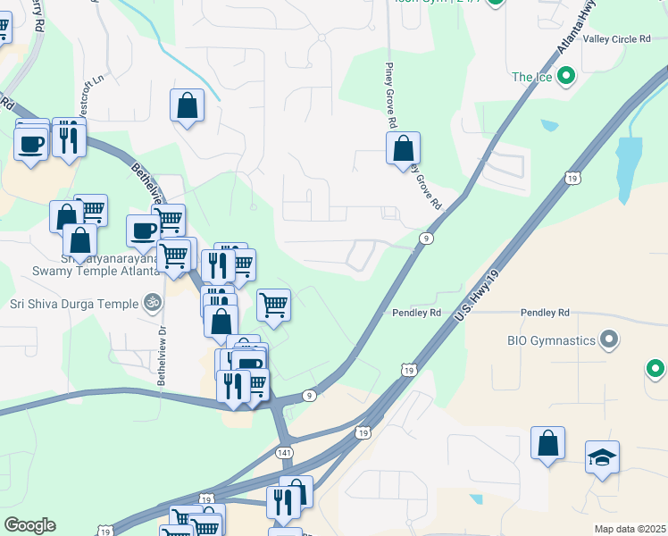 map of restaurants, bars, coffee shops, grocery stores, and more near 2335 Keenland Court in Cumming