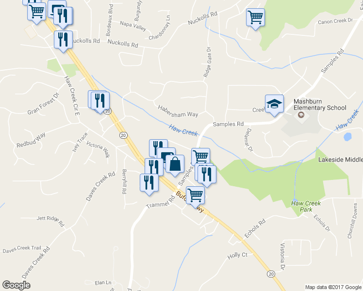 map of restaurants, bars, coffee shops, grocery stores, and more near 4174 Lanier Ridge Walk in Cumming