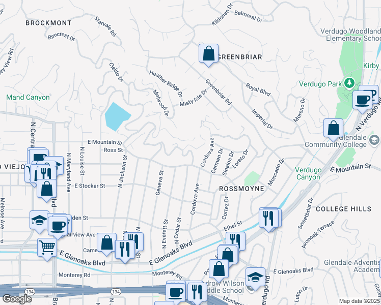 map of restaurants, bars, coffee shops, grocery stores, and more near 1321 Cedar Court Road in Glendale