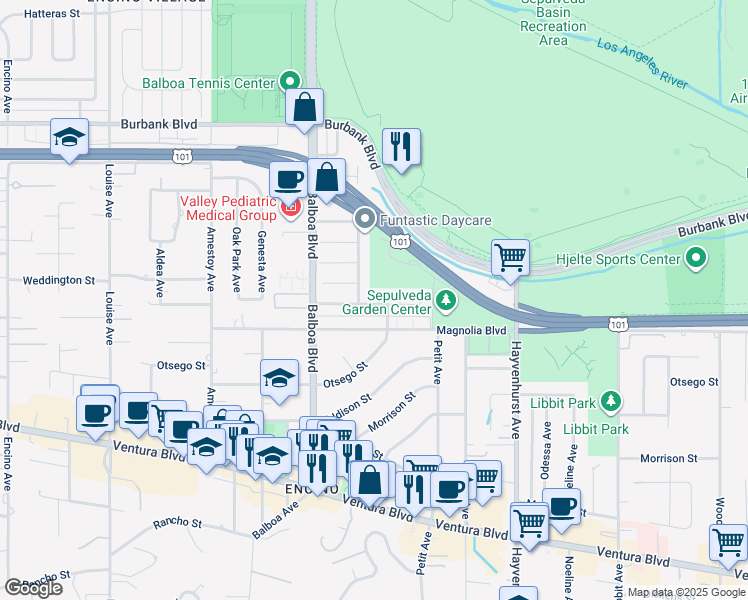 map of restaurants, bars, coffee shops, grocery stores, and more near 5231 Whitaker Avenue in Los Angeles